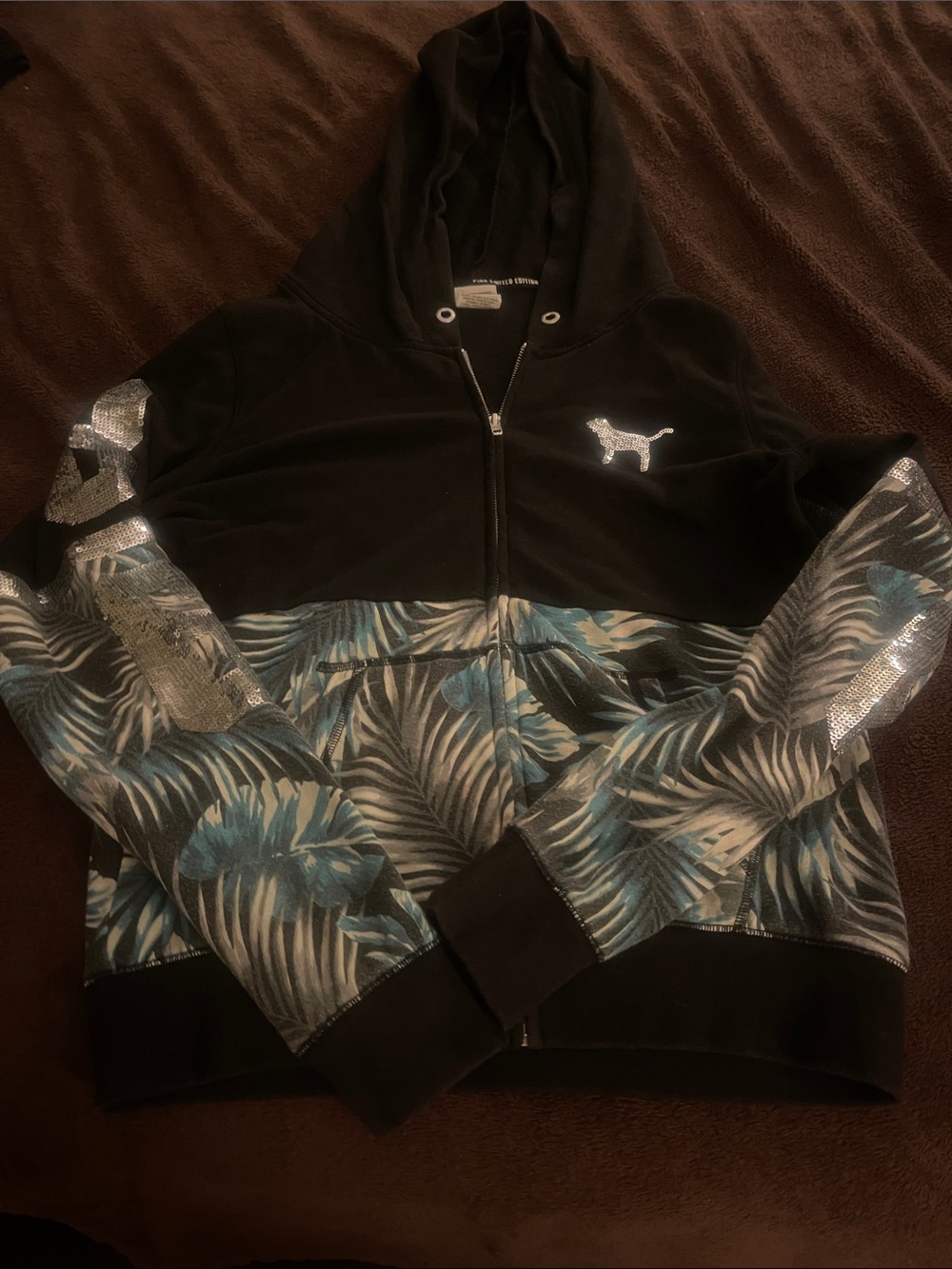 PINK Victoria's Secret Black Zip-Up Hoodie with Silver Sequin Dog Logo